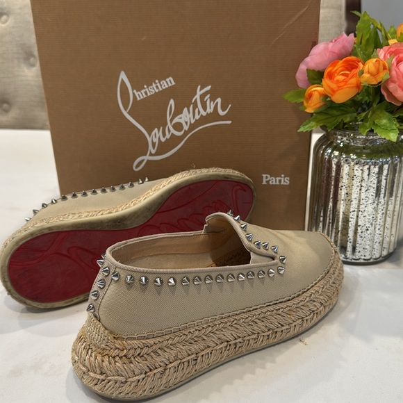 Christian Louboutin Beige Espadrilles with Silver Studs - Picture 1 of 14